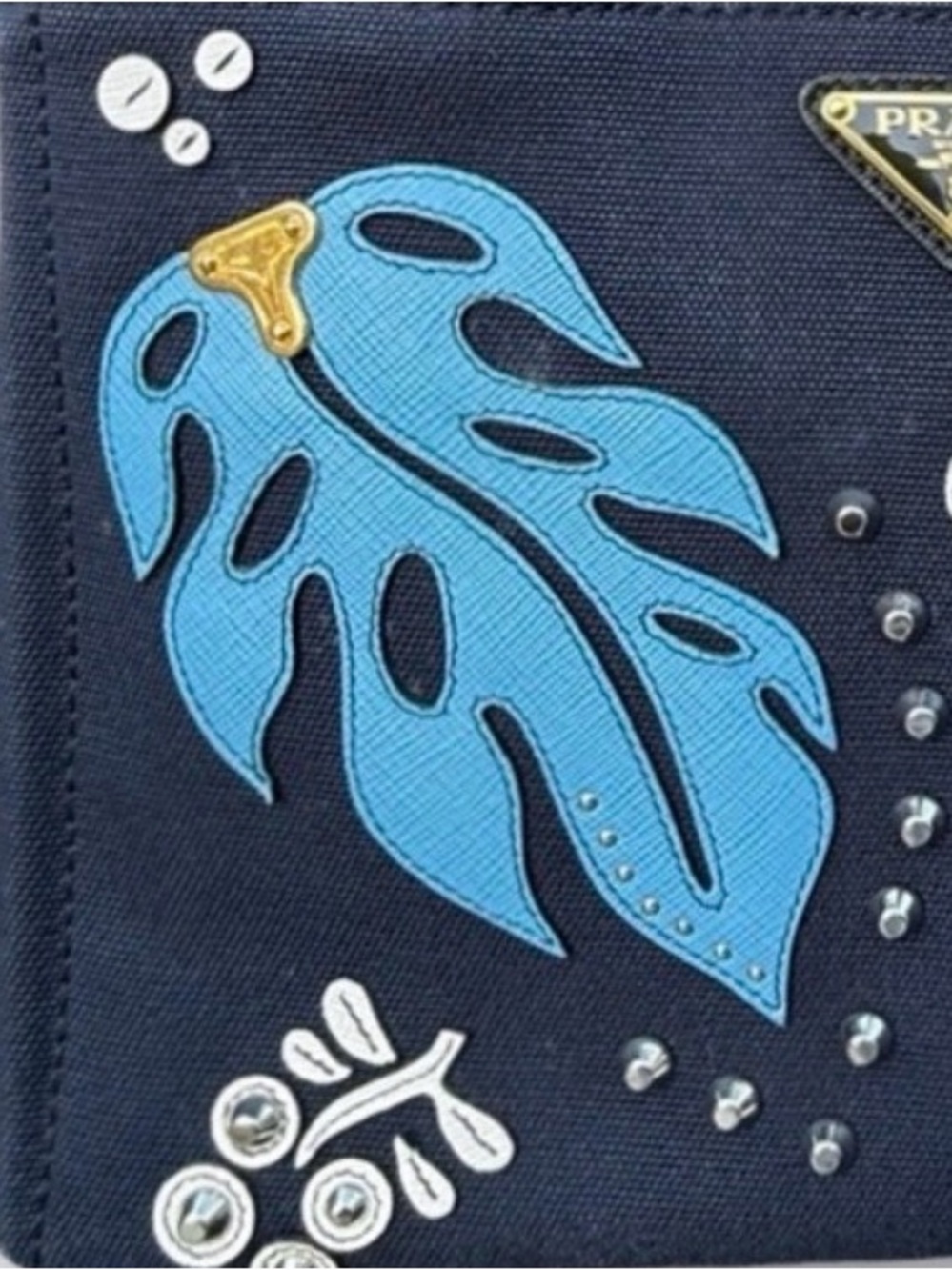 Prada Canapa Hawaii Tropical Leaf Appliqué Blue Canvas Tote Medium Authentic Bag - Picture 8 of 15